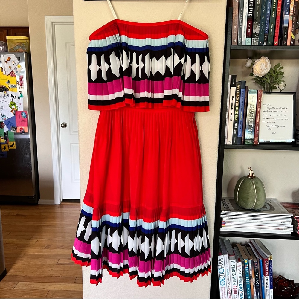 Red Strapless Patterned Dress - image 2